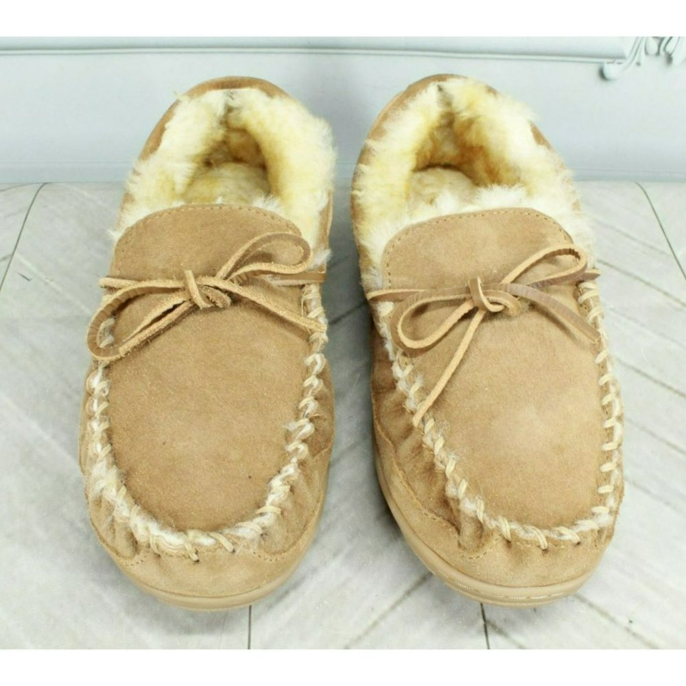 LL Bean Brown Suede Wicked Good Shearling Lined Moccasin Slippers Size 7 - Picture 5 of 8